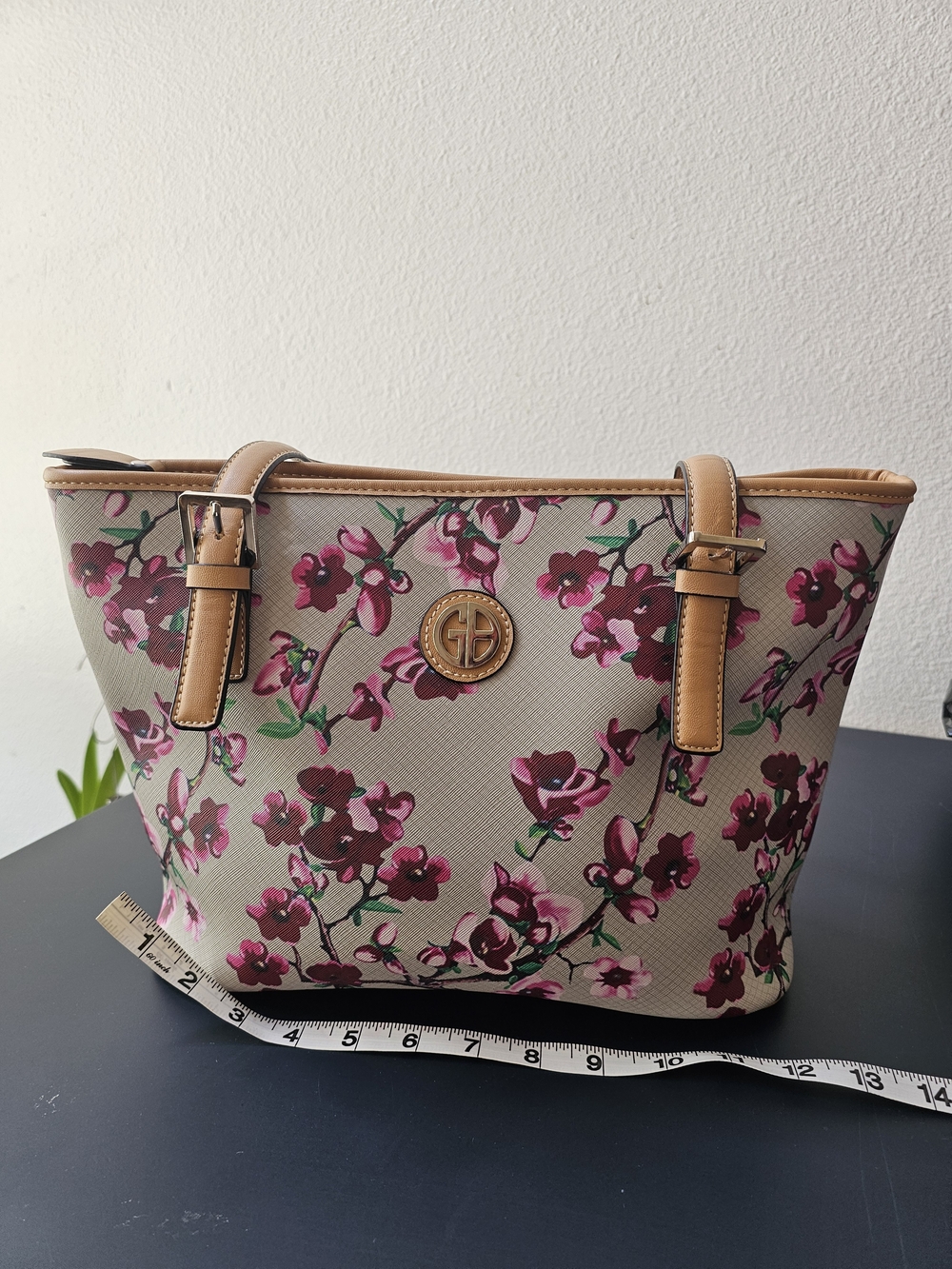 Gianni Bernini Floral Tote Bag with Tan Trim - Pink Floral